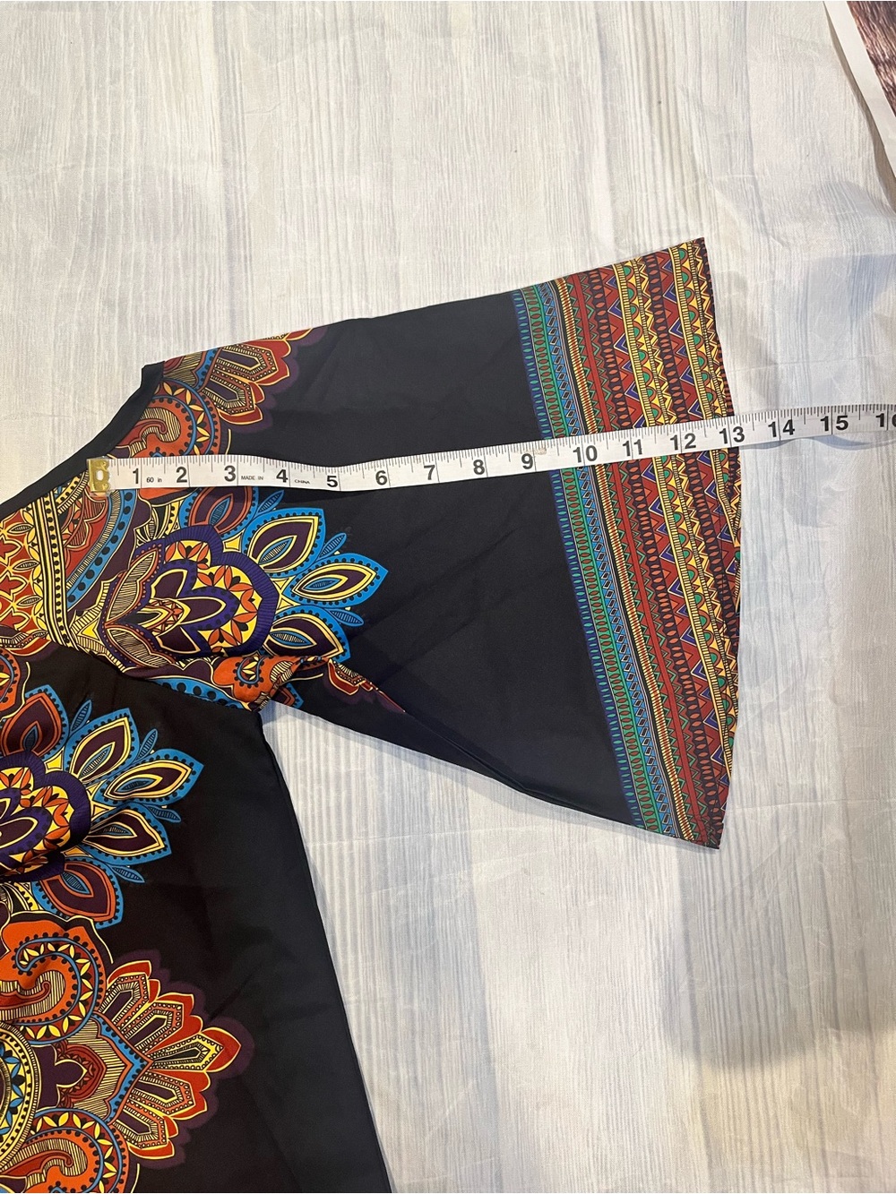 Boho Off-Shoulder Tunic Dress - Black with Multicolor Tribal Print - Picture 7 of 8